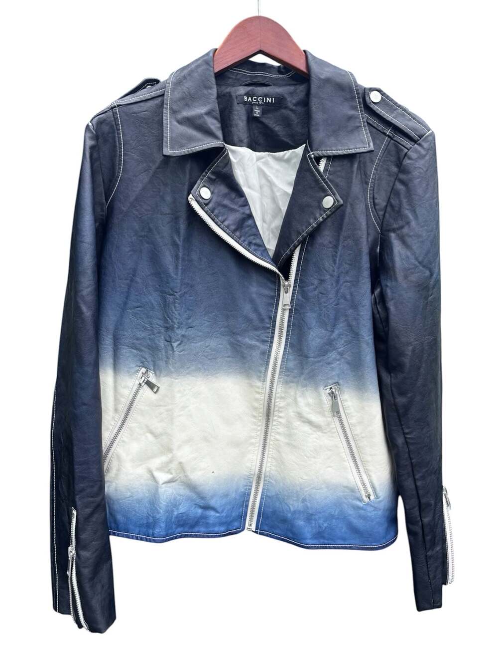 Baccini Since 1978 Blue and White Ombre Faux Leather Moto Jacket